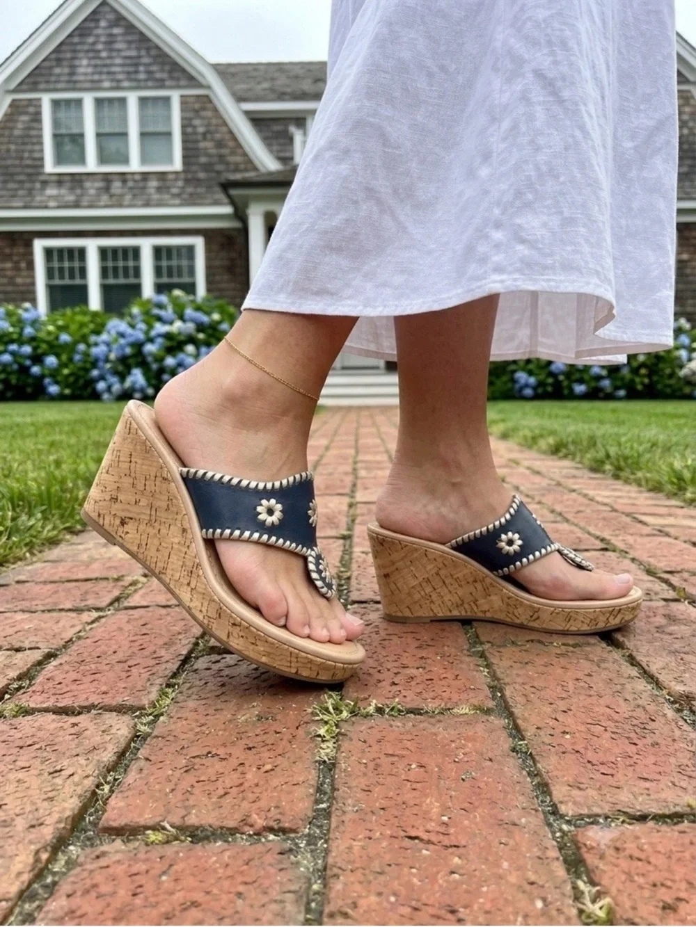Jack Rogers Navy Blue & silver leather Wedge cork thing slip on hampton Sandals